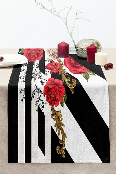 Realhomes Special Design Digital Printed Modern Stitched Raschel Knitted Runner with Flower Pattern on Black and White Background