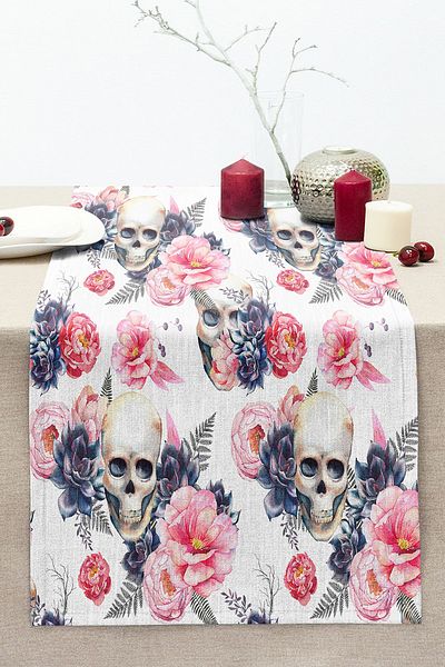 Realhomes Special Design Digital Printed Modern Stitched Raschel Knitted Runner with Skull Motif on White Background