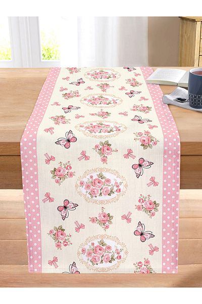 Realhomes Pink Butterfly Detailed Rose Themed Stitched Raschel Knitted Runner