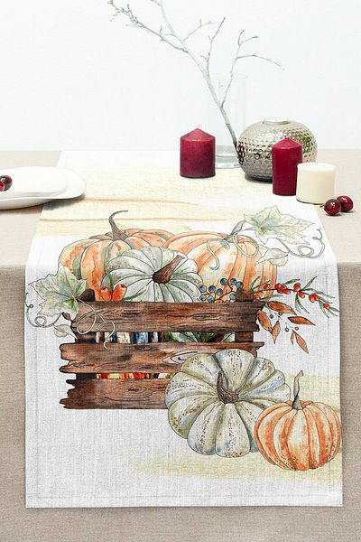 Realhomes Digital Printed Modern Stitched Raschel Knitted Runner with Pumpkin Pattern on White Background