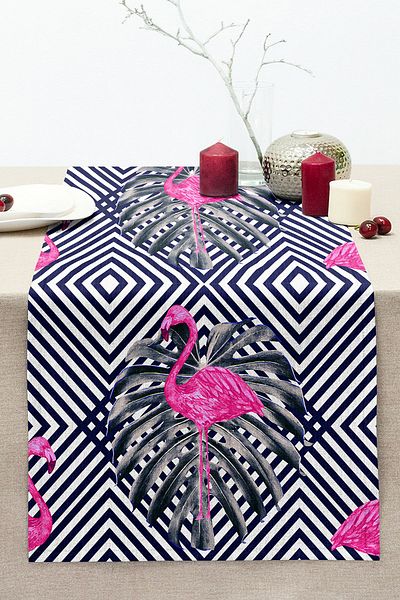 Realhomes Navy Blue Background Flamingo Patterned Digital Printed Stitched Raschel Knitted Runner