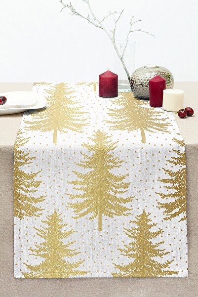 Realhomes Beyaz Zemin Üzerinde Gold Renkli Çam Ağacı Desenli Dijital Baskılı ...