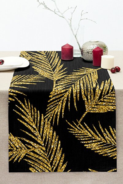 Realhomes Siyah Zemin Üzerinde Gold Renkli Yaprak Desenli Dijital Baskılı Mod...