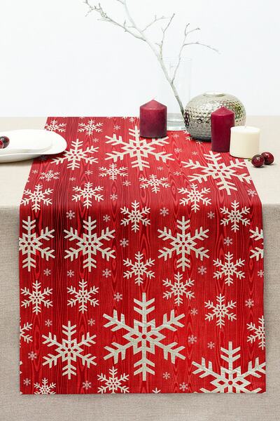 Realhomes Beyaz Kar Taneleri Motifli Dijital Baskılı Dekoratif Dikişli Raşel Örme Runner