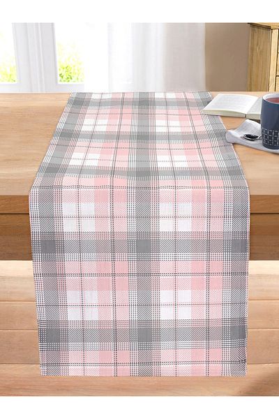 Realhomes Pink Gray Plaid Patterned Decorative Stitched Raschel Knitted Runner
