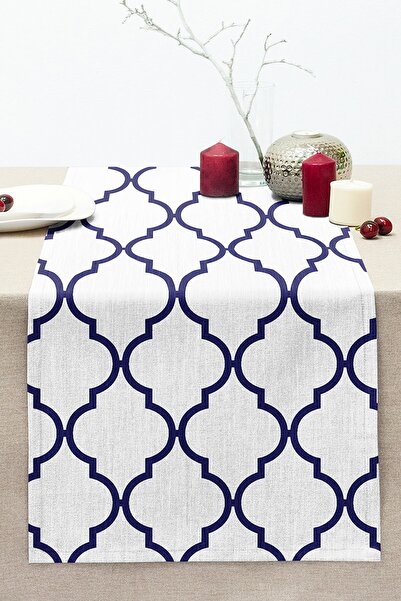 Realhomes Beyaz Zeminli Lacivert Ogea Özel Tasarım Dikişli Raşel Örme Runner