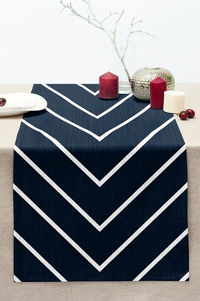 Realhomes Navy Blue White Striped Design Decorative Stitched Raschel Knitted Runner