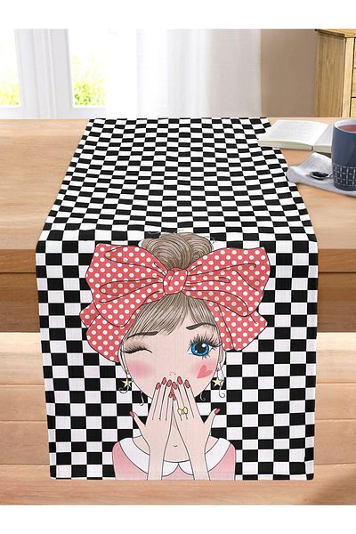 Realhomes Checkered Floor Kissing Girl Motif Decorative Stitched Raschel Knitted Runner
