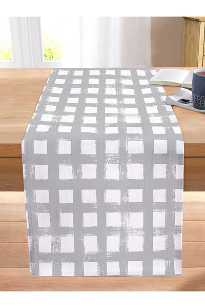 Realhomes Geometric Square Motif Decorative Stitched Raschel Knitted Runner on Gray Background
