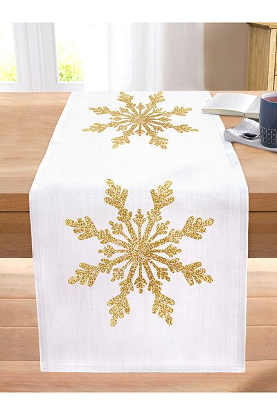 Realhomes Gold Look Snowflake Patterned 3D Modern Stitched Raschel Knitted Runner