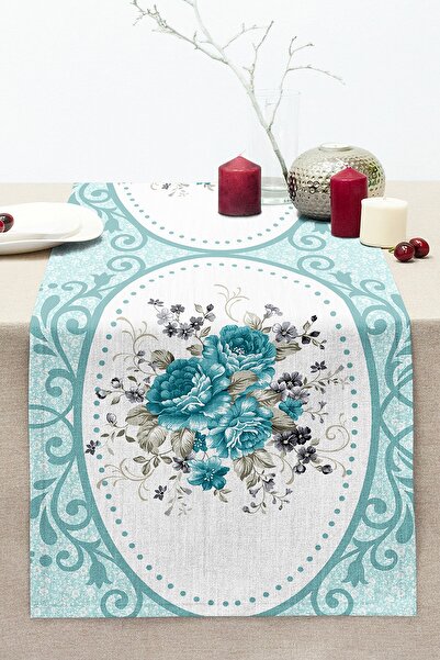 Realhomes Turcoaz Rose Themed Digital Printed Modern Cusut Raschel Knitted Runner