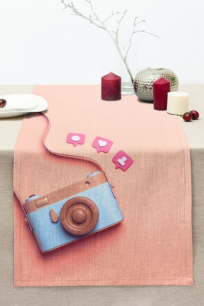 Realhomes 3D Instagram Camera Patterned Digital Printed Stitched Raschel Knitted Runner