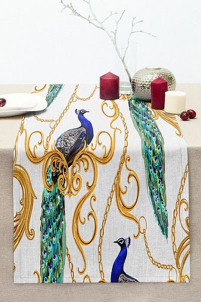 Realhomes Peacock on Gold Special Design Digital Printed Modern Stitched Raschel Knitted Runner