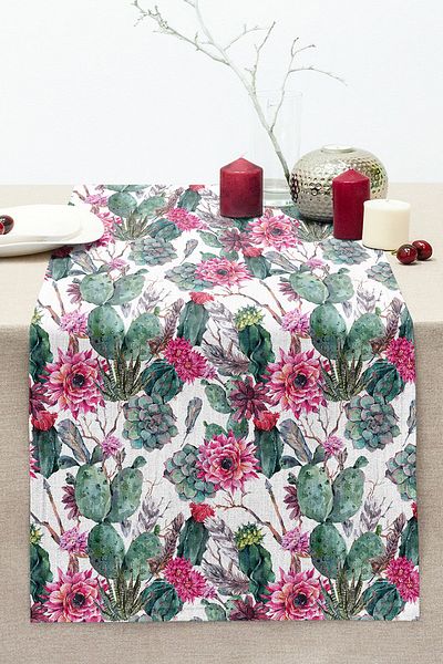 Realhomes Tropical Cactus Motif Digital Printed Stitched Raschel Knitted Runner