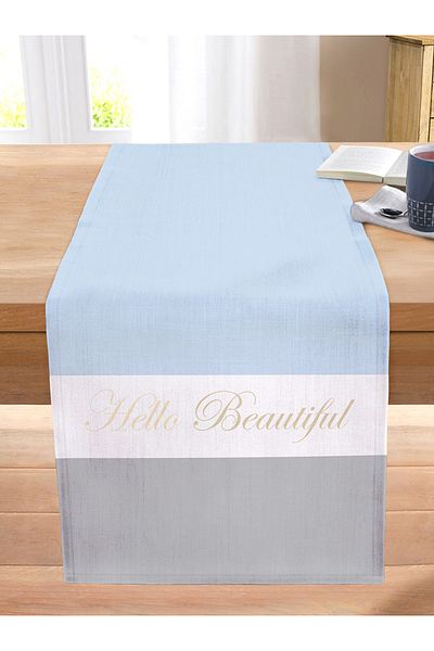 Realhomes Hello Beautiful Blue & Gray Digital Printed Decorative Stitched Raschel Knitted Runner