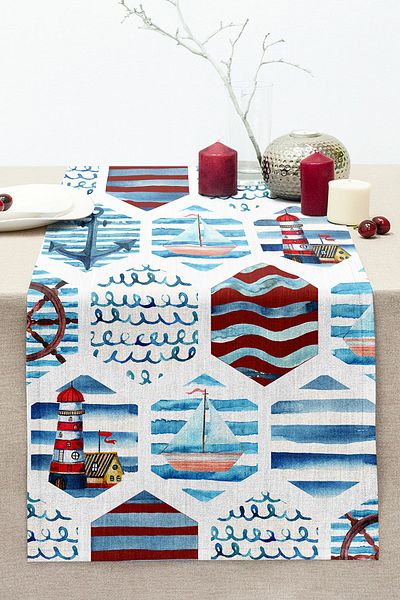 Realhomes Blue Sailor Themed Hexagonal Motif Decorative Stitched Raschel Knitted Runner