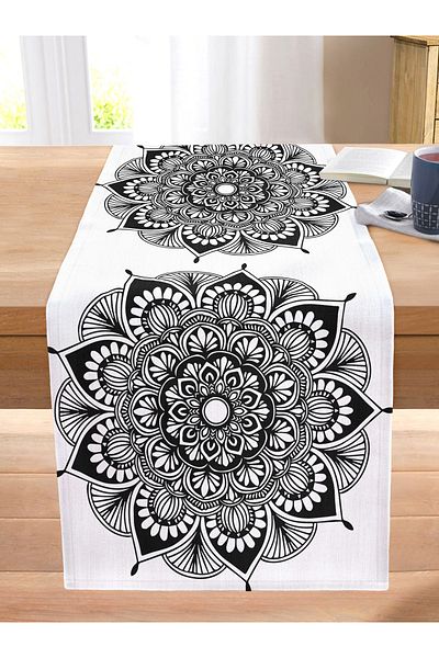 Realhomes Stitched Raschel Knitted Runner with Floral Mandala Pattern on White Background