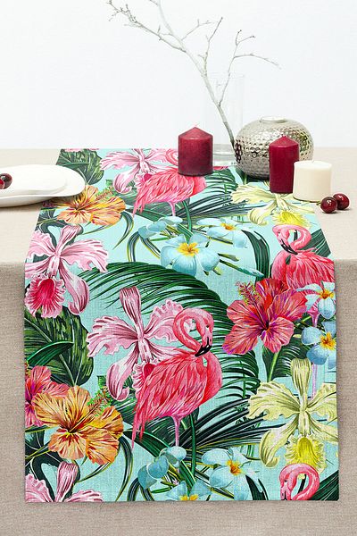 Realhomes Smiling Flamingo Motif Digital Printed Stitched Raschel Knitted Runner