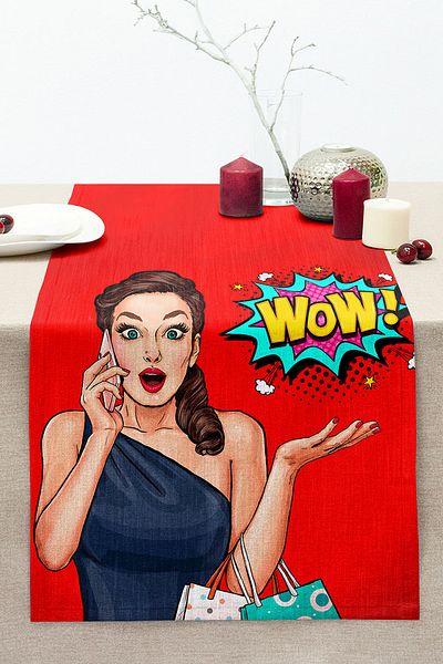 Realhomes Popart Wow Patterned Modern Stitched Raschel Knitted Runner with Red Background