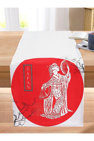 Realhomes Decorative Stitched Raschel Knitted Runner with Tree Branch Motif and Japanese Girl Motif