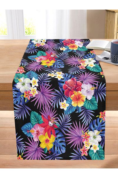Realhomes Decorative Stitched Raschel Knitted Runner with Colorful Flowers on Black Background Design