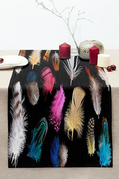 Realhomes Black Background Colored Feathers Digital Printed Stitched Raschel Knitted Runner