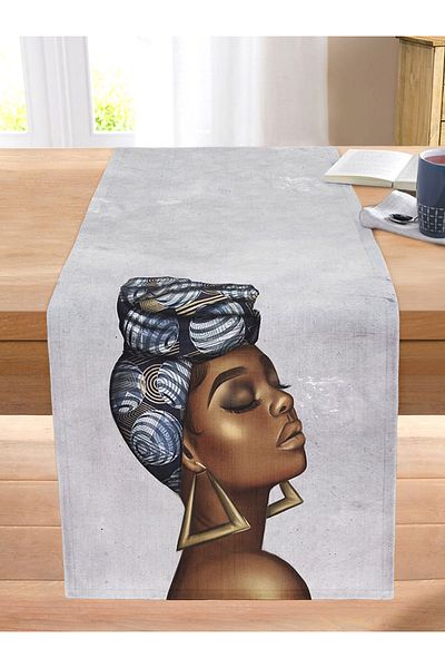 Realhomes Stitched Raschel Knitted Runner with Ethnic African Woman Design on Gray Background