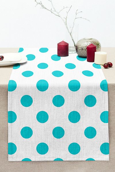 Realhomes Turquoise Polka Dot Digital Printed Decorative Stitched Raschel Knitted Runner