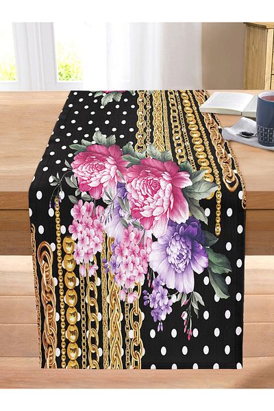 Realhomes Gold Chain and Flowers on Polka Dotted Floor Special Design Digital Printed Modern Stitched Raschel Runner