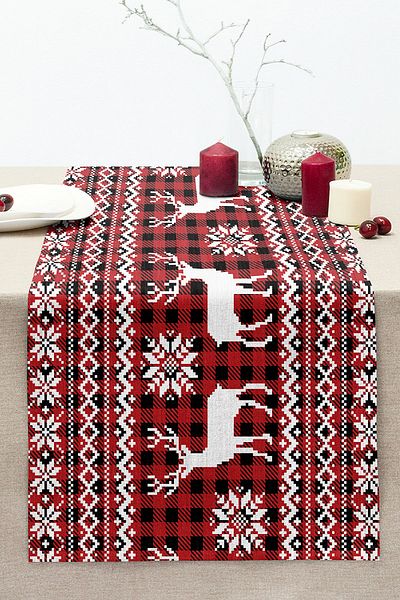 Realhomes Red Plaid Patterned Deer Motif Digital Printed Modern Stitched Raschel Knitted Runner