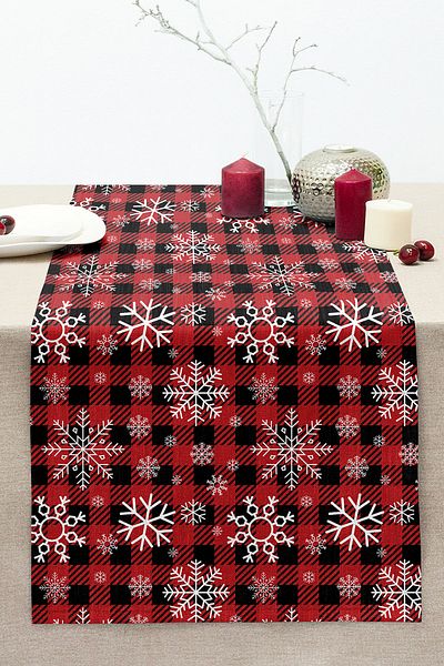 Realhomes Red Plaid Patterned Snowflake Motif Digital Printed Modern Stitched Raschel Knitted Runner
