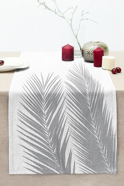 Realhomes Gray Palm Leaves on White Background Special Design Stitched Raschel Knitted Runner