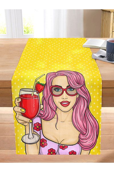 Realhomes Popart Girl Patterned Decorative Stitched Raschel Knitted Runner with Yellow Background