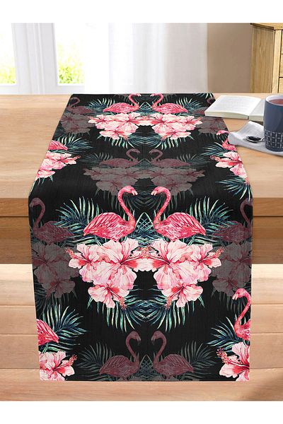 Realhomes Lilies and Flamingo Special Design Stitched Raschel Knitted Runner on Black Background