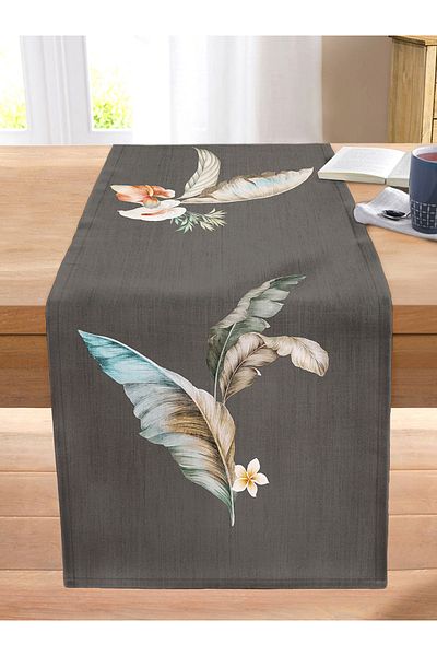Realhomes Blue & Yellow Feather Motif Digital Printed Decorative Stitched Raschel Knitted Runner