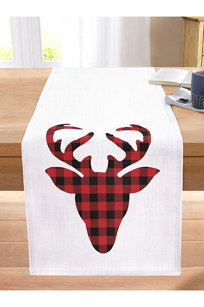 Realhomes Modern Plaid Deer Patterned Digital Printed Stitched Raschel Knitted Runner