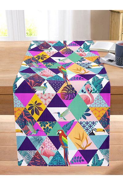 Realhomes Geometric Triangle Inside Bird Digital Printed Stitched Raschel Knitted Runner