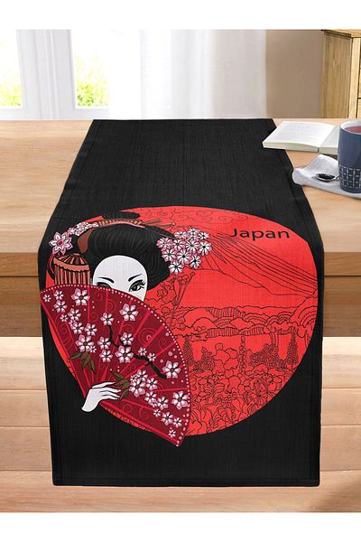 Realhomes Red Fan Shaman Japan Women's Digital Printed Stitched Raschel Knitted Runner