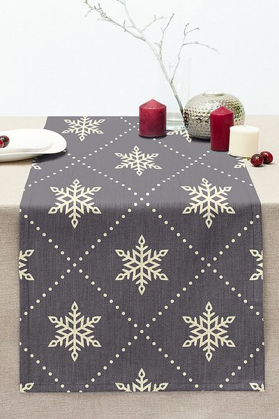 Realhomes Gray Background Snowflake Patterned Digital Printed Modern Stitched Raschel Knitted Runner