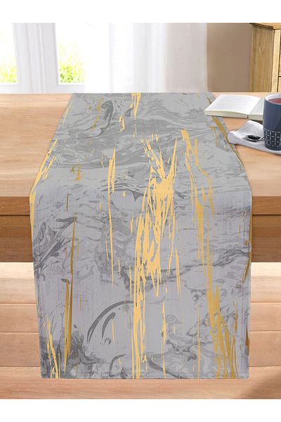 Realhomes Digital Printed Modern Stitched Raschel Knitted Runner with Gold Detailed Drawing Pattern on Anthracite Background