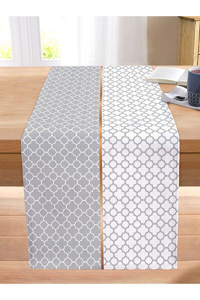Realhomes Gray & White Ogea Patterned Digital Printed Decorative Stitched Raschel Knitted Runner