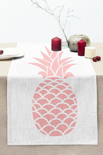 Realhomes Digital Printed Stitched Raschel Knitted Runner with Pink Pineapple Design on White Background