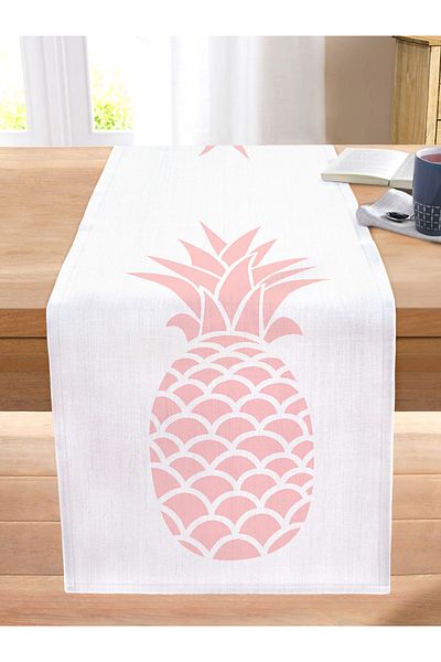 Realhomes Digital Printed Stitched Raschel Knitted Runner with Pink Pineapple Design on White Background