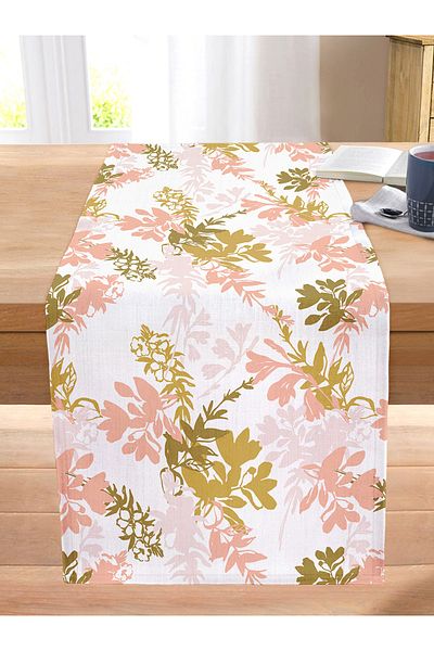 Realhomes Pink And Gold Thin Leaf Design Digital Printed Stitched Raschel Knitted Runner