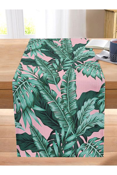 Realhomes Digital Printed Modern Stitched Raschel Knitted Runner with Green Leaf Pattern on Pastel Background