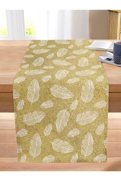 Realhomes White Colored Leaf Patterned Digital Printed Modern Stitched Raschel Knitted Runner on Gold Background