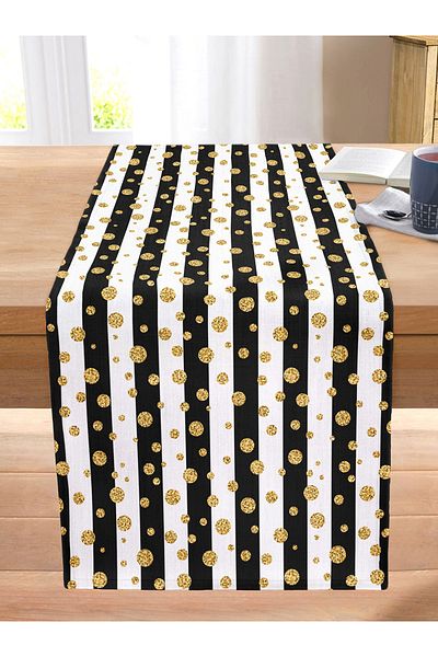 Realhomes Black Striped Gold Detailed Polka Dot Digital Printed Modern Stitched Raschel Knitted Runner on White Background