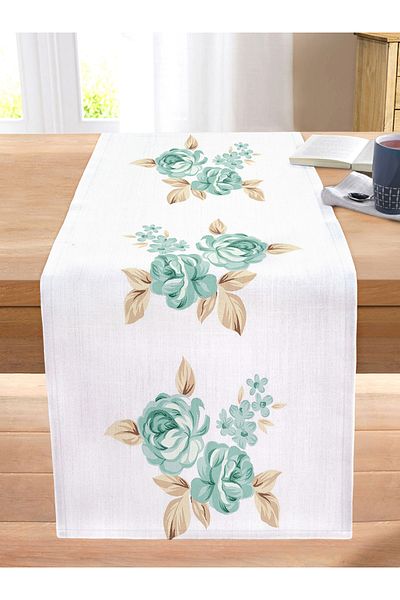 Realhomes Brown Mint Green Rose Motif Digital Printed Stitched Raschel Knitted Runner