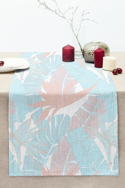 Realhomes Blue And Pink Tropical Leaf Stitched Raschel Knitted Runner