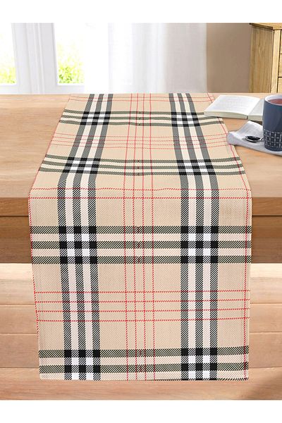 Realhomes Cream Background Plaid Patterned Modern Stitched Raschel Knitted Runner